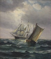 Auktion 338 / Los 4000 <br>Vilhelm BILLE (1864-1908) , wohl Lotsenboot auf dem Weg zum Vollschiff, Öl/Leinwand, gut gerahmt, Rahmen kl. Schaden an Ecke, RG 63 x 57,5cm