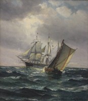Los 4000 <br>Vilhelm BILLE (1864-1908) , wohl Lotsenboot auf dem Weg zum Vollschiff, Öl/Leinwand, gut gerahmt, Rahmen kl. Schaden an Ecke, RG 63 x 57,5cm