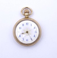 Auktion 500011 / Los  <br>kl. goldfarbene Taschenuhr, mechanisch, Werk steht, D. 34mm