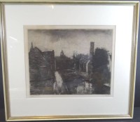 Auktion 334 / Los 5010 <br>Henri RAMAH (1887-1947)  "Häuser am Fluss" Lithografie, ea, ger/Glas, RG 43x48 cm