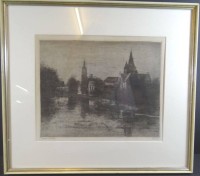 Auktion 334 / Los 5011 <br>Henri RAMAH (1887-1947)  "Häuser und Kirche am Fluss" Lithografie, ea, ger/Glas, RG 43x48 cm