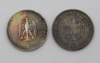 Auktion 334 / Los 6028 <br>5 Reichsmark 1936 sowie 5 DM 1977