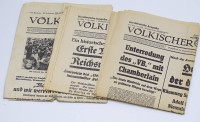 Auktion 334 / Los 7021 <br>3x orig. Ausgaben, 3.Reich, Völkischer Beobachter 1933, 2x Norddeutsche Ausgabe und 1x Münchner Reichsausgabe