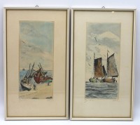 Auktion 334 / Los 5016 <br>2x Farbradierungen, maritime Motive, je unleserl. signiert, ger./Glas, RG 39,5 x 22,2cm.