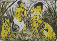 Auktion 334 / Los 5018 <br>Kunstdruck nach Otto MUELLER (1874-1930), Mädchengruppe, ungerahmt in Passepartout, 30 x 24cm, MG 13 x 17,5cm.