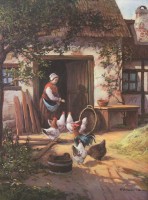 Auktion 334 / Los 5019 <br>Kunstdruck, Bäuerin mit Hühnern, gerahmt, RG 56 x 46cm.
