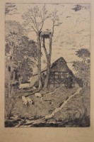 Auktion 334 / Los 5023 <br>unlerserl. signierte und betitelte Radierung, Gehöft, um 1920, leicht stockfleckig, gerahmt/Glas, RG 48 x 35cm.
