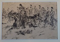 Auktion 334 / Los 5031 <br>Max SLEVOGT (1868-1932) attrib "Reiterszene" Tuschezeichnung,9x13 cm,  ger/Glas, RG 23x28 cm, Blatt re. u.Stempelrest (v. Diez?), rückseitig Skizzen