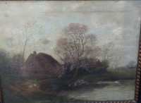 Auktion 339 / Los 4023 <br>unleserl. signiertes norddt. Bauernhaus, Öl/Leinen, schwerer alter Lackrahmen, Gemälde stark reinigungsbedürftig, RG 71x876 cm