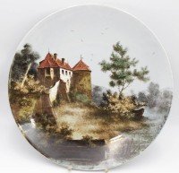 Auktion 337 / Los 9061 <br>gr. Ansichten-Wandteller, gemarkt K.F. 479, 1947, Burgenansicht, handgemalt in Unterglasur, D-41cm.