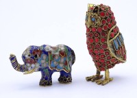 Los  <br>Cloisonne Elefant und Eule mit Farbsteinen, H. 3 - 5,5cm