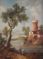 Auktion 339 / Los 4016 <br>Deyer, wohl Jan DEYER (XIX-XX), Landschaft mit Personen und Burg, Öl/Kupferplatte, gerahmt, RG 32,5 x 26,5cm.