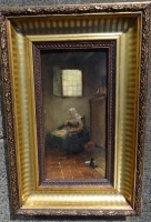 Los 4067 <br>unleserl. signierter Altmeister "Mutter an der Wiege", Öl/Holz, 25x13 cm, gut gerahmt, RG 39x25,5 cm , wohl 18/19.Jhd.