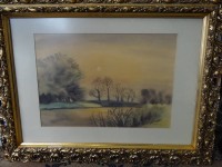 Auktion 358<br>Brigitte Gehle "Wintertag" Mischtechnik,  gerahmt/Glas, RG  59x76 cm, kl. Fehlstücke in Rahmen
