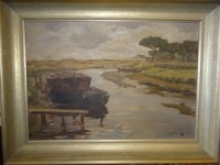 Auktion 358 / Los 4059 <br>WL (wohl Wilhelm LACHENMEYER (1873-?)  "Boote", Öl/Malfaser, alt gerahmt, RG 53x69 cm