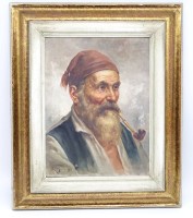 Auktion 336 / Los 4000 <br>Roberto FIGERIO (XIX) "bärtiger Italiener mit Pfeife", ÖlLeinen, gerahmt, RG 55x47 cm