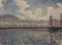 Auktion 342 / Los 4041 <br>Richard CURDES (1891-1974), Fischerboote und Blick auf Neuwerk, Öl/Hartfaser, gerahmt, RG 62,5 x 81,3cm.