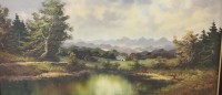 Auktion 336 / Los 4035 <br>anonyme Landschaft, Öl/Leinwand, gerahmt, Rahmen beschädigt, RG 68 x 117,5cm.