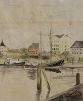 Auktion 336 / Los 4039 <br>H.Tuhlin 12.96, Hafenansicht, Aquarell auf Seekarte, ungerahmt, BG 40 x 49,5cm.