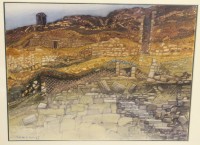 Auktion 336 / Los 4051 <br>unleserl. signiertes Aquarell, verso bez. "Archäologischer Topos", ger./Glas, RG 50 x 60cm.