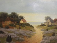 Auktion 336 / Los 4055 <br>Carl Gustav VOSS (1883-1970), Fischerhäuser an Küste, Öl/Hartfaser, daiert (19)23, gerahmt, RG 46 x 57cm, restau.bedürftig.