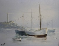 Auktion 336 / Los 4057 <br>Thierry, Boote vor Küste, Öl/Hartfaser, gerahmt, RG 44 x 54cm.