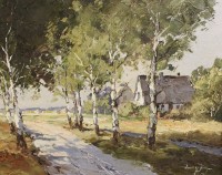 Auktion 336 / Los 4065 <br>unleserl.signiert, Dorfstrasse, Öl/Leinwand, gerahmt, RG 49,5 x 60cm.