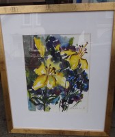 Auktion 336 / Los 4073 <br>unleserl. sign. grosses Blumenaquarell, 1996, verso Widmung des Künstlers aus Worpswede, ger/Glas, RG 65x55 cm