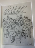 Auktion 358 / Los 5043 <br>Otto Abt (1903-1982) signierte Nachlass-Handzeichnung, Gäste im Restaurant,,rückseitig original Etikett mit Maßen und Preisen in Schweizer Franken der bekannten Galerie Carzaniga in Basel,  alle gleich gerahmt/Glas, tw. roter Nachlassstempel,  RG ca. 30x40 cm