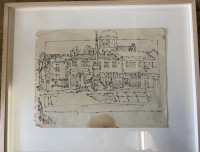 Auktion 358 / Los 5041 <br>Otto Abt (1903-1982)  Nachlass,Handzeichnung, Stadt-Ansicht,,rückseitig original Etikett mit Maßen und Preisen in Schweizer Franken der bekannten Galerie Carzaniga in Basel,  alle gleich gerahmt/Glas, tw. roter Nachlassstempel,  RG alle ca. 28x35 cm, 2 gr. Farbkleckse