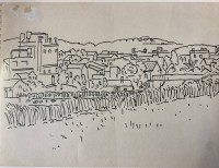 Auktion 358 / Los 5035 <br>Otto Abt (1903-1982)  Nachlass,Handzeichnung, Dorf-Landschaft,,rückseitig original Etikett mit Maßen und Preisen in Schweizer Franken der bekannten Galerie Carzaniga in Basel,  alle gleich gerahmt/Glas, tw. roter Nachlassstempel,  RG alle ca. 28x35 cm