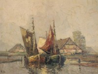 Rudolf PRIEBE (1889-1964), Boote vor Gehöft, Öl/Leinwand, gerahmt, RG 65,5 c 85,5cm.