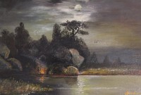 Auktion 369<br>unleserl. sign.,  Mondnacht, &Ouml;l/Platte, gerahmt, RG 23,5x31 cm