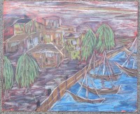 Auktion 343 / Los 4025 <br>unleserl. signierte Gemälde "Boote am Ufer" wohl Südsee, Mischtechnik auf Pappe, 38x47 cm, verso beschriftet