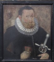 Auktion 344 / Los 4002 <br>A. Fat...(?) 1613 "Halbportrait eines Edelmannes mit Becher und Schwert", Öl/Holz, 60x53 cm, gerahmt, RG 67x60 cm