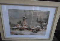 Los 4002 <br>unleserl. sign. Winterlandschaft mit Mühle, Mischtechnik, ger/Glas, RG 56x72 cm, rückseitig ebenfalls Glas