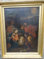 Auktion 338 / Los 4003 <br>anonymes Altmeister-Gemälde "Jesus Geburt" Öl/Leinen, breit gerahmt, RG 137x107,5 cm, wohl 18/19 Jhd., , (nur Speditionsversand)