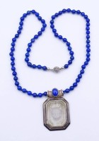 Lapislazuli Halskette mit Sterling Silber Anhänger, Katzenmotiv, L. 50cm