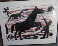 Auktion 338 / Los 5003 <br>A.R. PENCK (1939-2017) "Schwarzes aufsteigendes Pferd" Farboffset, MG 59,5 x 84 cm, ger/Glas, RG 78x96 cm