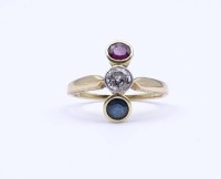 Alter Goldring 0.585 mit Altschliffdiamant ca. 0,25ct., Rubin und Saphir, 3,5 g., RG 55