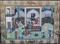 Auktion 338 / Los 15524 <br>gr. Seidenmalerei, höfische Szene, wohl Zentralasien oder Persien ? , Umrandung ebenfalls handgemalt, gerahmt, RG 85x115 cm