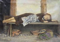 Auktion 338 / Los 4013 <br>frühe Kopie nach Albert Anker, schlafendes Kind, Öl/Leinwand, ungerahmt, restau.bedürftig, 40,5 x 56,5cm.