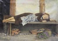 Los 4013 <br>frühe Kopie nach Albert Anker, schlafendes Kind, Öl/Leinwand, ungerahmt, restau.bedürftig, 40,5 x 56,5cm.