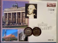 Auktion 338 / Los 6022 <br>Numisbrief "275 Geburtstag Carl Gotthard Langhals" BRD-DDR, herausgegeben  2007, 10 DM West 1991 und 20 Mark Ost, 1990, und anbei Briefmarken