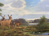 Los 4022 <br>Carl Johannes MÜCK (1866-?)Hamburg "Hirsche am Waldrand", Öl/Leinen, gerahmt, breiter Goldrahmen, verziert und beschädigt, RG ca 116x165 cm, ca. 20 kg
