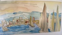 Los 4025 <br>unter Rahmen signiert/betiteltes Aquarell, Boote vor Küste, ger/GLas, anbei  Foto der Künstlerin?, ger/Glas, RG