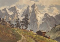 Auktion 338 / Los 4027 <br>Maximilian STRASKY (1895-?), Alpenpanorama mit Gebirgshütte, Öl/Leinwand, ungerahmt, 70,5 x 100cm.