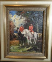 Los 4030 <br>unleserl. signierte Jagdreiter, Öl/Leinen, gerahmt, RG 43x37 cm
