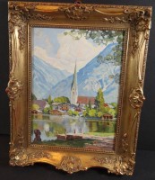 Auktion 338 / Los 4031 <br>E. Schmidt , 1952, "Ansicht Rottach-Egern am Tegernsee" Öl/Platte, gerahmt, RG 32x26 cm