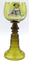 Auktion 338 / Los 10054 <br>Weinglas,grün,bemalt "Prosit",H-20,5cm, Rand bestossen